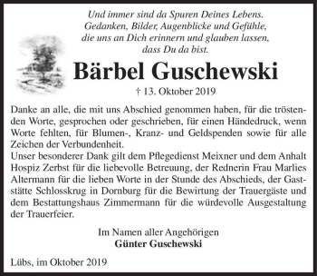 Traueranzeige von Bärbel Guschewski  von Magdeburger Volksstimme