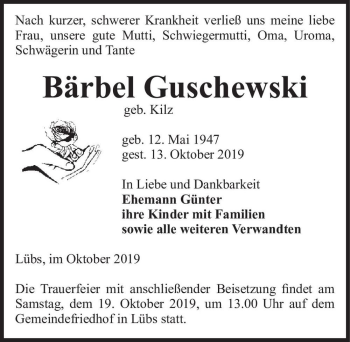 Traueranzeige von Bärbel Guschewski (geb. Kilz)  von Magdeburger Volksstimme