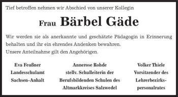 Traueranzeige von Bärbel Gäde  von Magdeburger Volksstimme