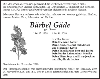 Traueranzeige von Bärbel Gäde (geb. Roost)  von Magdeburger Volksstimme