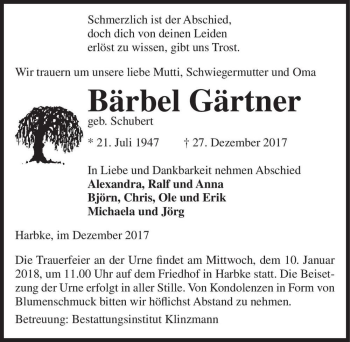 Traueranzeige von Bärbel Gärtner (geb. Schubert)  von Magdeburger Volksstimme