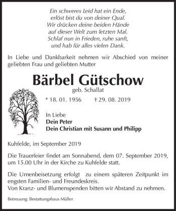 Traueranzeige von Bärbel Gütschow (geb. Schallat)  von Magdeburger Volksstimme