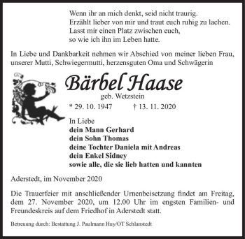 Traueranzeige von Bärbel Haase (geb. Wetzstein)  von Magdeburger Volksstimme
