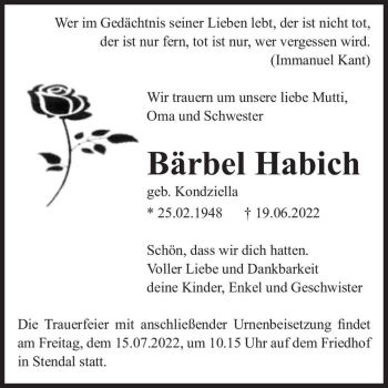 Traueranzeige von Bärbel Habich (geb. Kondziella)  von Magdeburger Volksstimme