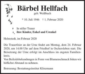 Traueranzeige von Bärbel Hellfach (geb. Weißbach)  von Magdeburger Volksstimme