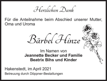 Traueranzeige von Bärbel Hinze  von Magdeburger Volksstimme