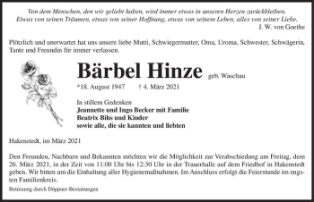Traueranzeige von Bärbel Hinze (geb. Waschau)  von Magdeburger Volksstimme