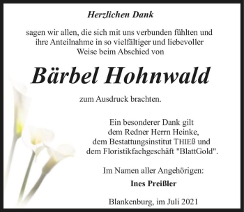 Traueranzeige von Bärbel Hohnwald  von Magdeburger Volksstimme