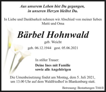 Traueranzeige von Bärbel Hohnwald (geb. Weicht)  von Magdeburger Volksstimme
