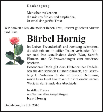 Traueranzeige von Bärbel Hornig  von Magdeburger Volksstimme