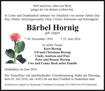 Traueranzeige von Bärbel Hornig (geb. Eppert)  von Magdeburger Volksstimme