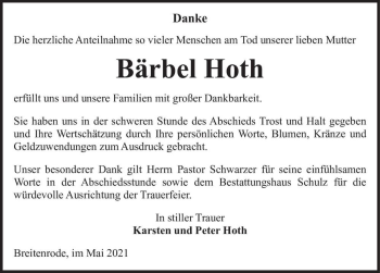 Traueranzeige von Bärbel Hoth  von Magdeburger Volksstimme