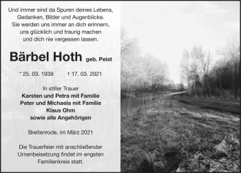 Traueranzeige von Bärbel Hoth (geb. Peist)  von Magdeburger Volksstimme