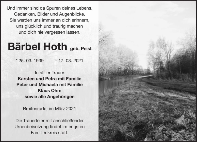  Traueranzeige für Bärbel Hoth (geb. Peist)  vom 20.03.2021 aus Magdeburger Volksstimme