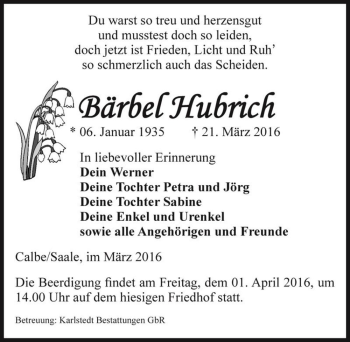 Traueranzeige von Bärbel Hubrich  von Magdeburger Volksstimme