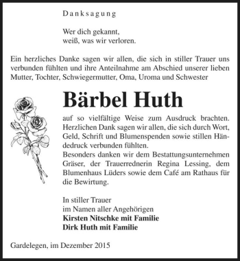 Traueranzeige von Bärbel Huth  von Magdeburger Volksstimme