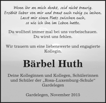 Traueranzeige von Bärbel Huth  von Magdeburger Volksstimme