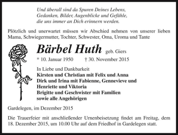 Traueranzeige von Bärbel Huth (geb. Giers)  von Magdeburger Volksstimme