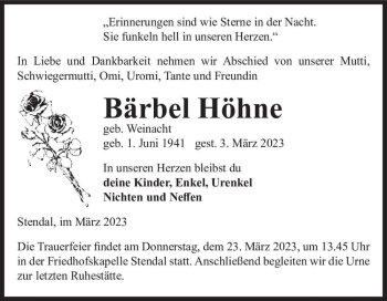 Traueranzeige von Bärbel Höhne (geb. Weinacht)  von Magdeburger Volksstimme