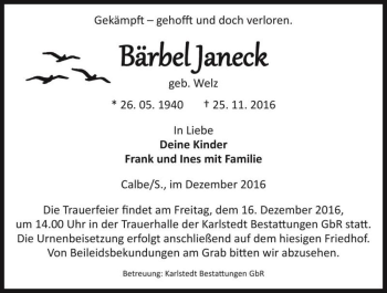 Traueranzeige von Bärbel Janeck (geb. Welz)  von Magdeburger Volksstimme