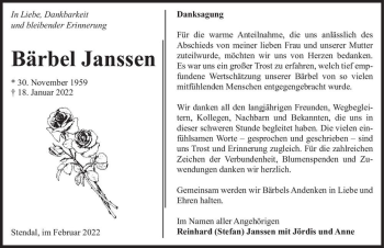 Traueranzeige von Bärbel Janssen  von Magdeburger Volksstimme