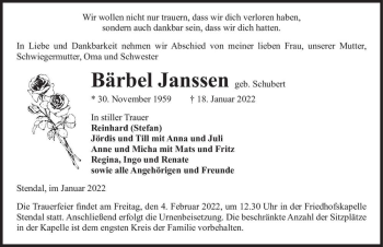 Traueranzeige von Bärbel Janssen (geb. Schubert)  von Magdeburger Volksstimme