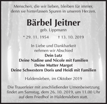Traueranzeige von Bärbel Jeitner (geb. Lippmann)  von Magdeburger Volksstimme