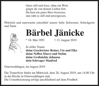 Traueranzeige von Bärbel Jänicke  von Magdeburger Volksstimme