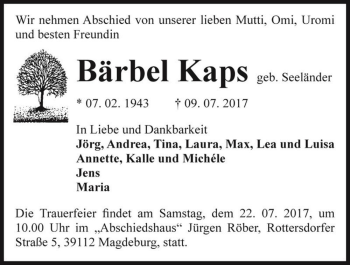 Traueranzeige von Bärbel Kaps (geb. Seeländer)  von Magdeburger Volksstimme