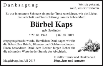 Traueranzeige von Bärbel Kaps (geb. Seeländer)  von Magdeburger Volksstimme