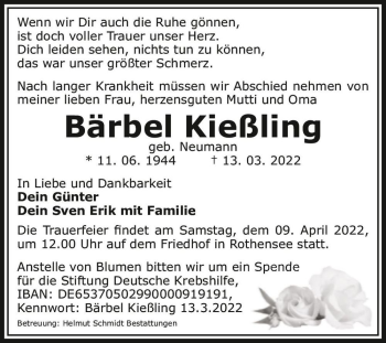 Traueranzeige von Bärbel Kießling (geb. Neumann)  von Magdeburger Volksstimme