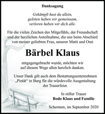 Traueranzeige von Bärbel Klaus  von Magdeburger Volksstimme