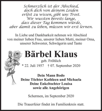 Traueranzeige von Bärbel Klaus (geb. Fröhlich)  von Magdeburger Volksstimme