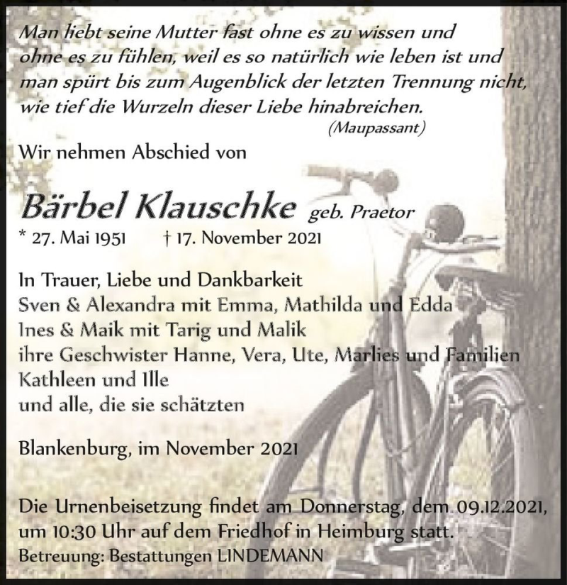  Traueranzeige für Bärbel Klauschke (geb. Praetor)  vom 27.11.2021 aus Magdeburger Volksstimme