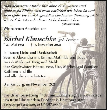 Traueranzeige von Bärbel Klauschke (geb. Praetor)  von Magdeburger Volksstimme