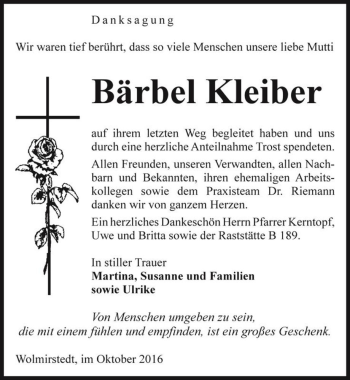 Traueranzeige von Bärbel Kleiber  von Magdeburger Volksstimme