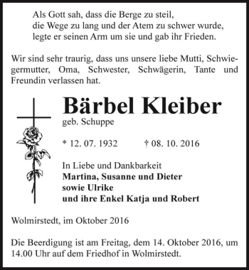 Traueranzeige von Bärbel Kleiber (geb. Schuppe)  von Magdeburger Volksstimme