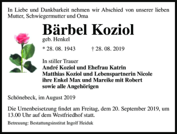 Traueranzeige von Bärbel Koziol (geb. Henkel)  von Magdeburger Volksstimme