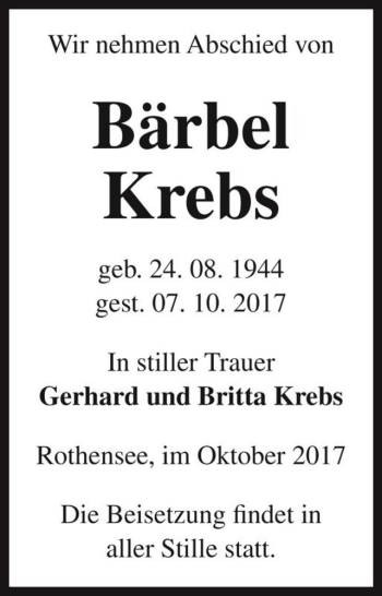 Traueranzeige von Bärbel Krebs  von Magdeburger Volksstimme