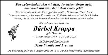 Traueranzeige von Bärbel Kruppa (geb. Denecke)  von Magdeburger Volksstimme