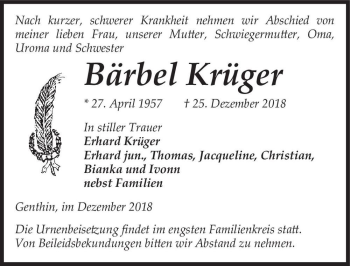 Traueranzeige von Bärbel Krüger  von Magdeburger Volksstimme