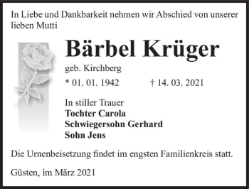 Traueranzeige von Bärbel Krüger (geb. Kirchberg)  von Magdeburger Volksstimme