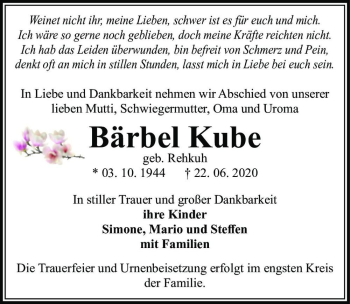 Traueranzeige von Bärbel Kube (geb. Rehkuh)  von Magdeburger Volksstimme