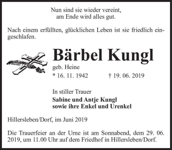 Traueranzeige von Bärbel Kungl (geb. Heine)  von Magdeburger Volksstimme