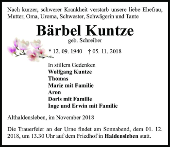 Traueranzeige von Bärbel Kuntze (geb. Schreiber)  von Magdeburger Volksstimme