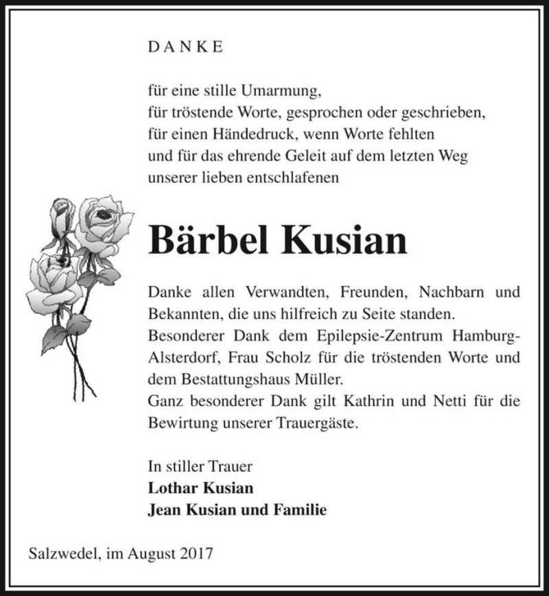  Traueranzeige für Bärbel Kusian  vom 09.08.2017 aus Magdeburger Volksstimme