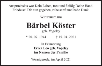 Traueranzeige von Bärbel Köster (geb. Vogeley)  von Magdeburger Volksstimme