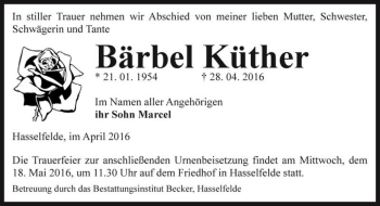 Traueranzeige von Bärbel Küther  von Magdeburger Volksstimme