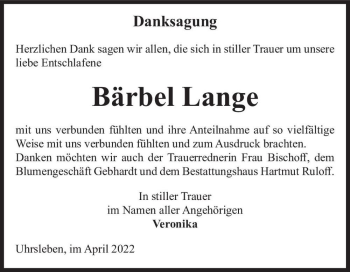 Traueranzeige von Bärbel Lange  von Magdeburger Volksstimme