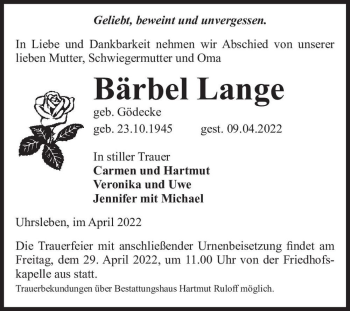 Traueranzeige von Bärbel Lange (geb. Gödecke)  von Magdeburger Volksstimme